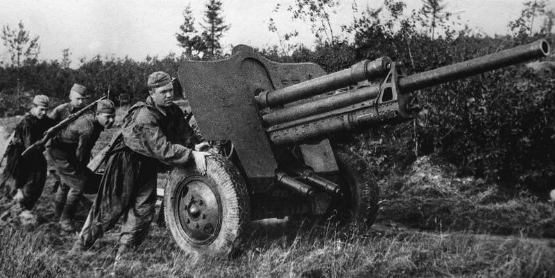 Расчет выкатывает на боевую позицию 76-миллиметровую дивизионную пушку образца 1939 года во время боев под Ржевом. 1942 год